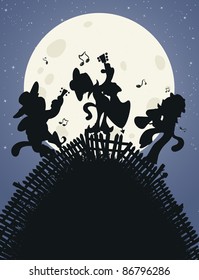 Vector illustration, cute cat band performing under moonlight, card concept.