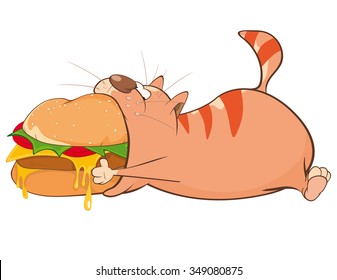 Vector Illustration of a Cute Cat and a Big Hamburger. Cartoon Character