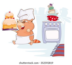Vector Illustration of a Cute Cat and a Big Pie 