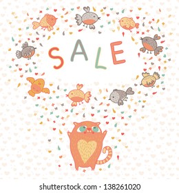 Vector illustration of a cute cat and birds