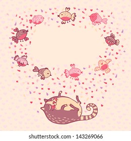 Vector illustration of a cute cat and birds. Card with place for your text.