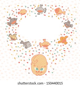 Vector illustration of a cute cat and birds. Card with place for your text.