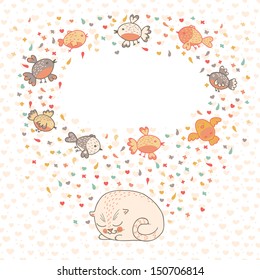 Vector illustration of a cute cat and birds. Card with place for your text.