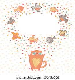 Vector illustration of a cute cat and birds. Card with place for your text.