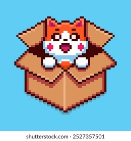 Vector Illustration of Cute Cat in a Box with Pixel Art Design, perfect for game assets themed designs