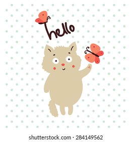 Vector illustration with a cute cat in cartoon style. Beautiful greeting card