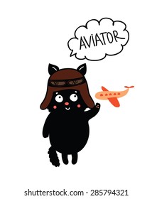 Vector illustration with a cute cat in cartoon style. Beautiful greeting cards. Cat-pilot
