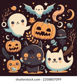 A vector illustration of a cute cat character surrounded by carved pumpkins and ghosts