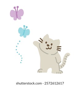 Vector illustration of cute cat character playing with butterflies