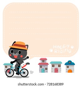 Vector illustration of cute cat character riding a bicycle with some space for place your text, message board, invitation card. 