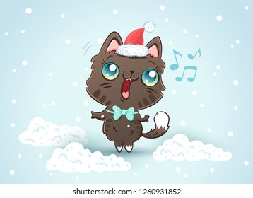 Vector illustration of a cute cat in Christmas hat. Kitty on snow in kawaii style