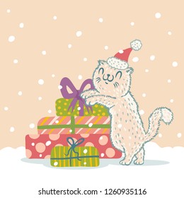Vector illustration of a cute cat with Christmas gifts. Cat in Christmas hat.