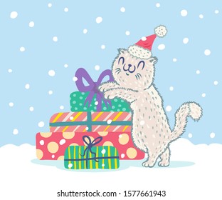 Vector illustration of a cute cat with Christmas gifts. Cat in Santa hat with presents.