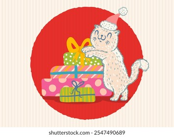 Vector illustration of a cute cat with Christmas gifts. Cat in Santa hat with presents. Cute illustration for winter holidays.