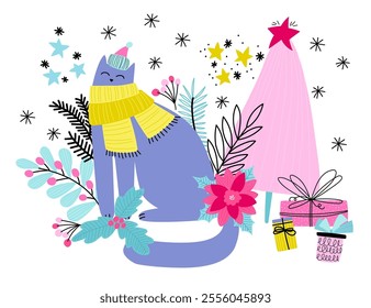 Vector  illustration of cute cat and Christmas tree isolated on white background. Greeting card or poster. 