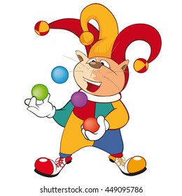 Vector Illustration of a Cute Cat Clown Juggler . Cartoon Character