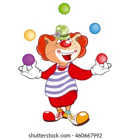 Vector Illustration of a Cute Cat Clown Juggler . Cartoon Character
