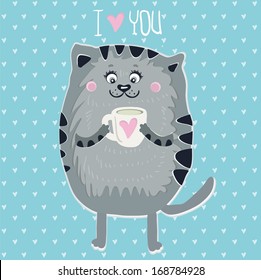 Vector illustration of cute cat with cup