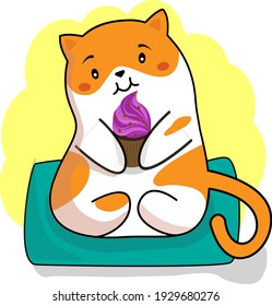 Ilustración vectorial de un lindo gato con un quequito. Una idea para invitaciones vacacionales, para colorear libros, para postales, para San Valentín, para libros infantiles y creatividad.