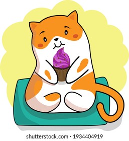 Vector illustration of a cute cat with a cupcake on a pillow. An idea for holiday invitations, for coloring books, for postcards, for valentines, for children's creativity.