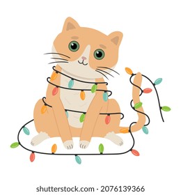 Vector illustration of a cute cat decorated with garland.  Holiday vector illustration for postcard.