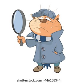 Vector Illustration of a Cute Cat Detective. Cartoon Character