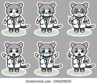 Vector illustration of cute Cat Doctor cartoon set. Cute Cat expression character design bundle. Good for icon, logo, label, sticker, clipart.
