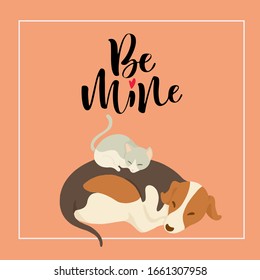 Vector illustration of a cute cat and dog. Hand draw,Cartoon illustrations greeting cards template ,Valentines card,Isolated on background .