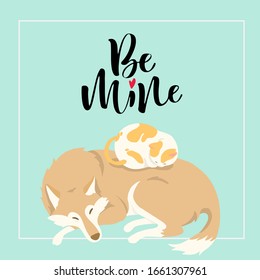 Vector illustration of a cute cat and dog. Hand draw,Cartoon illustrations greeting cards template ,Valentines card,Isolated on background .