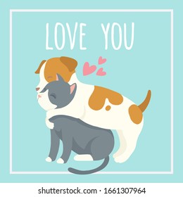 Vector illustration of a cute cat and dog. Hand draw,Cartoon illustrations greeting cards template ,Valentines card,Isolated on background .