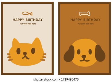 Vector Illustration cute cat and dog greeting card. Dog and cat head cartoon vector flat design childish style. 
