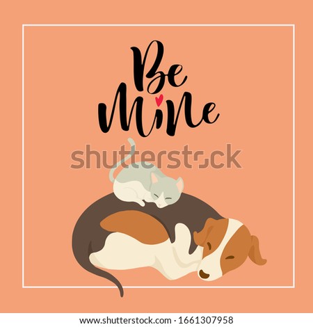 Vector illustration of a cute cat and dog. Hand draw,Cartoon illustrations greeting cards template ,Valentines card,Isolated on background .