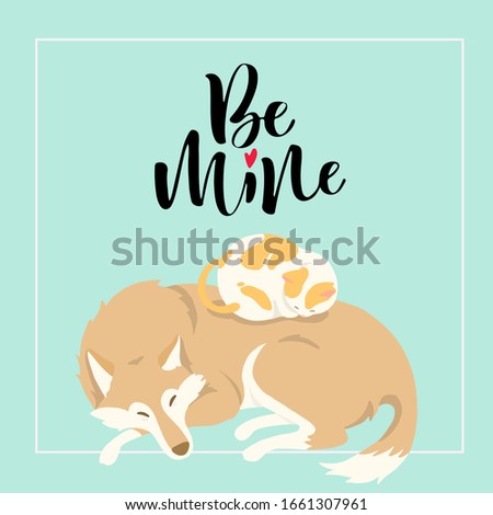 Vector illustration of a cute cat and dog. Hand draw,Cartoon illustrations greeting cards template ,Valentines card,Isolated on background .