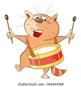 Vector Illustration of a Cute Cat Drummer. Cartoon Character