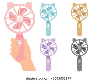 Vector illustration of cute cat ear handheld fans with color variations and hand holding one fan