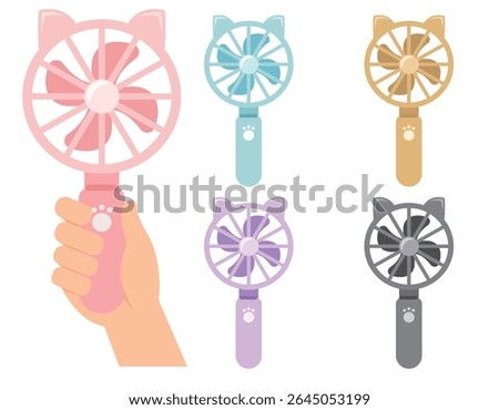 Vector illustration of cute cat ear handheld fans with color variations and hand holding one fan