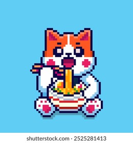 Vector Illustration of Cute Cat Eating Ramen with Pixel Art Design, perfect for game assets themed designs