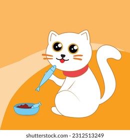 Vector illustration with cute cat eats fish. Illustration in a simple flat style.