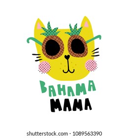 vector illustration, cute cat face wearing pineapple glasses and bahama mama hand lettering text