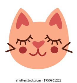 Vector illustration of a cute cat face. Pink romantic cat, isolated icon on white background. Smiling cat in flat style, element for kids room, clothes and other