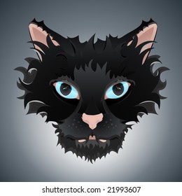 Vector illustration of a cute cat face with big blue eyes and stylized hair. Highly detailed.