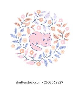 Vector illustration. Cute cat in floral circle floral frame. Stylish delicate cat print design or greeting card.
