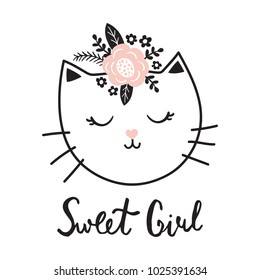 vector illustration, cute cat with flowers, sweet girl hand lettering text