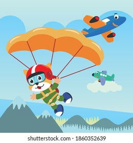 Vector illustration of a cute cat flying with a parachute. with cartoon style. Creative vector childish background for fabric textile, nursery wallpaper, poster, card, brochure. vector illustration