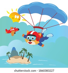 Vector illustration of a cute cat flying with a parachute. with cartoon style. Creative vector childish background for fabric textile, nursery wallpaper, poster, card, brochure. vector illustration