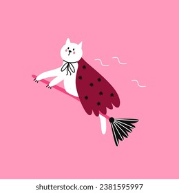 Vector illustration with cute cat flying on the broom. Halloween design element.