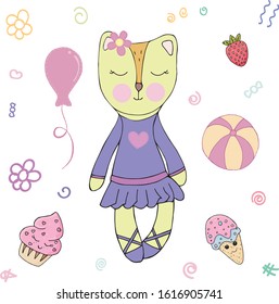 vector illustration, cute cat, fox, toy ballerina, girls objects