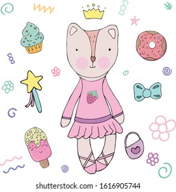 vector illustration, cute cat, fox, toy ballerina, girls objects