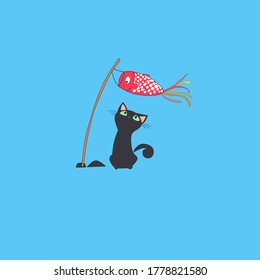 vector illustration of a cute cat graphic looking at a flying fish Perfect for icons, logos