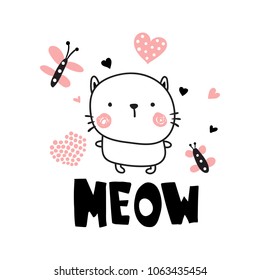 vector illustration, cute cat, hand lettering meow text, butterflies and hearts